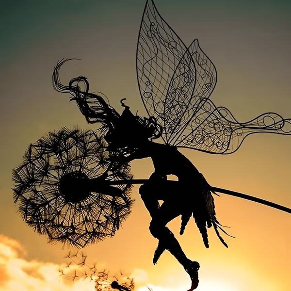 Decorative steel fairy sculpture adds magic to any garden. Whimsical weatherproof outdoor metal art for lawn & patio.