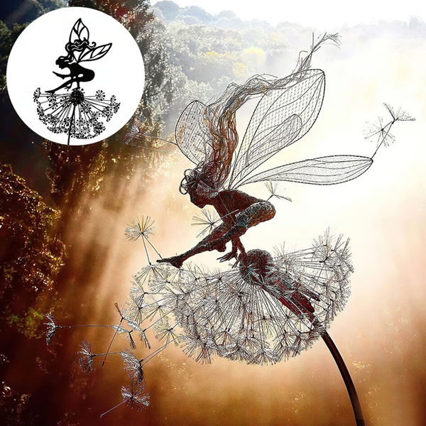 Enchanting steel dandelion fairy sculpture, whimsical outdoor garden decor, weatherproof & nature-inspired patio art.