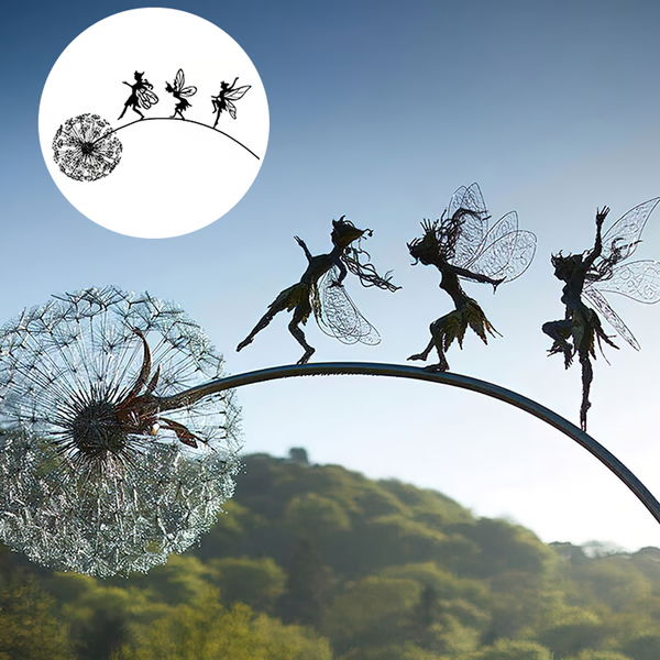 Detailed dandelion fairy garden sculpture, weatherproof steel outdoor decor, enchanting nature art for any garden or patio.