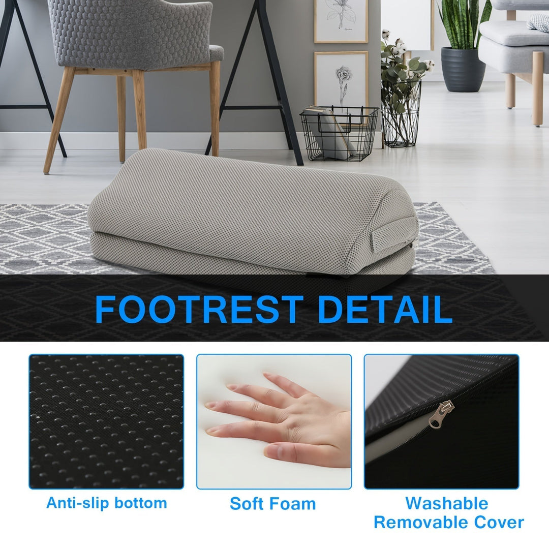 Soft memory foam ergonomic footrest by ErgoFoam for desk and home office comfort, promoting posture support.
