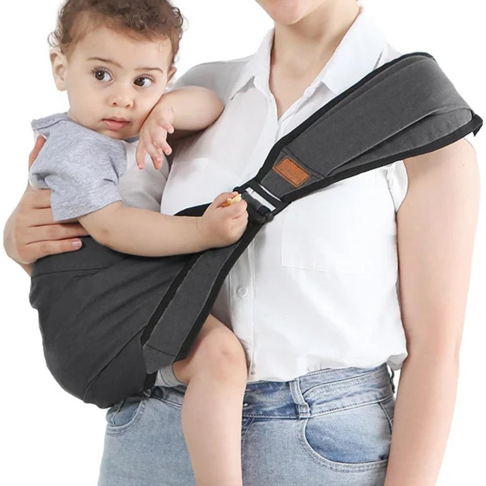 Adjustable polyester baby carrier wrap with integrated stool seat for ergonomic infant & toddler hip support. Hands-free.