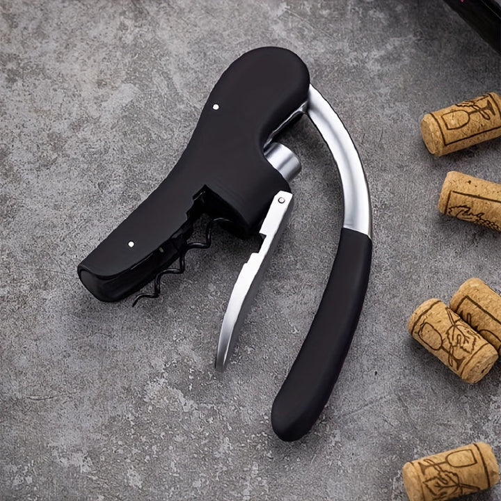 Elegant black ergonomic wine bottle corkscrew. Essential kitchen gadget & wine accessory for effortless opening.