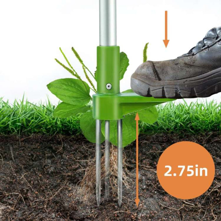 Hand-operated weed puller tool with extended handle for effective root removal in lawns & gardens.