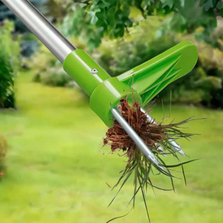Close-up of the steel claw on the long handle ergonomic weed puller for deep root extraction.