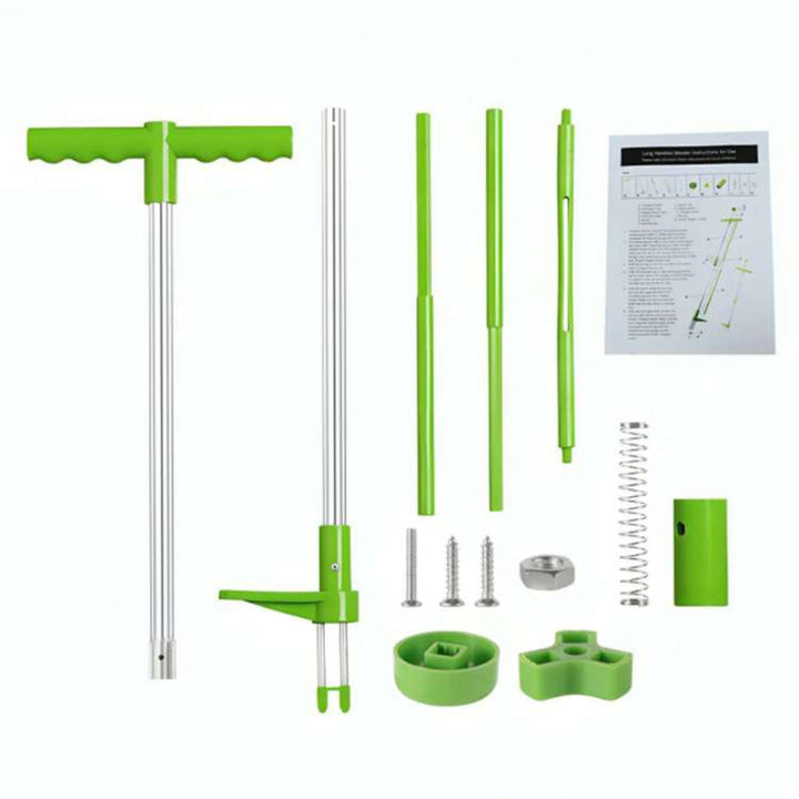 Stand-up long handle weed puller prevents back strain during garden weeding and root removal.