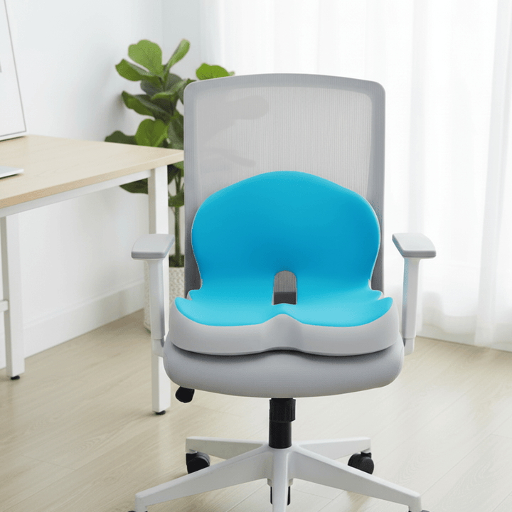 Ergonomic memory foam seat cushion for office chair, providing back and hip pain relief.