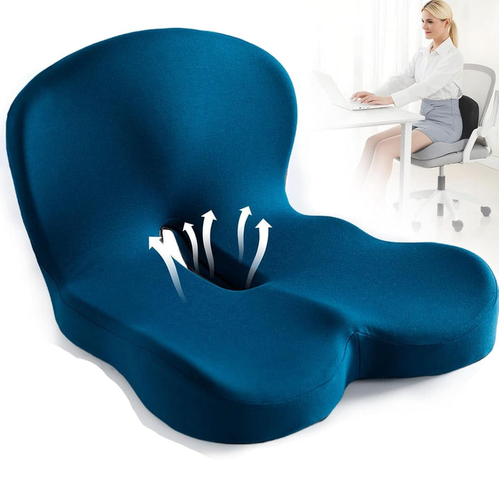 Black ergonomic memory foam seat cushion, providing universal fit for most seats.