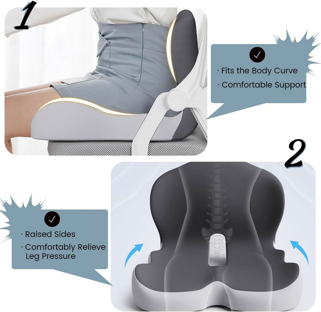 Breathable memory foam cushion for desk chair, offering lumbar and coccyx support.
