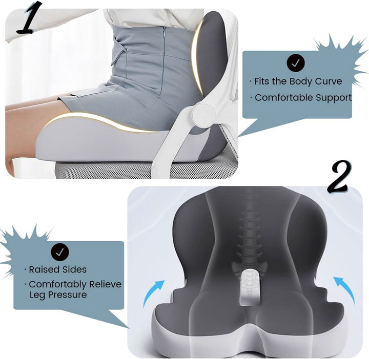 Breathable memory foam cushion for desk chair, offering lumbar and coccyx support.