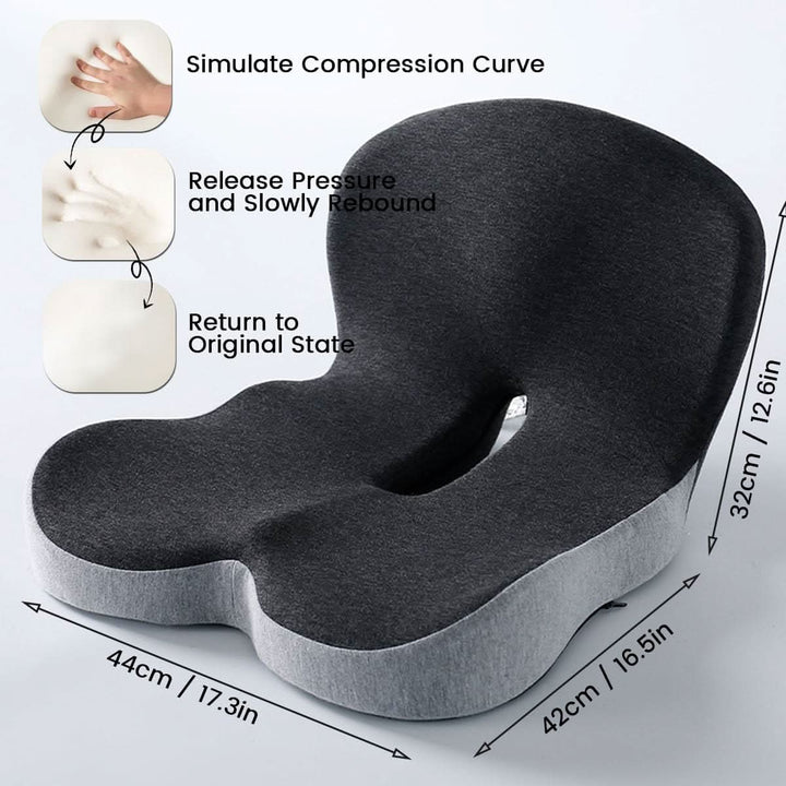 Therapeutic memory foam cushion for sciatica and lower back pain relief, posture aid.