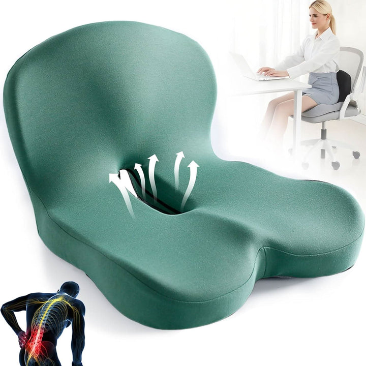 Portable ergonomic memory foam seat cushion for wheelchair or travel comfort.
