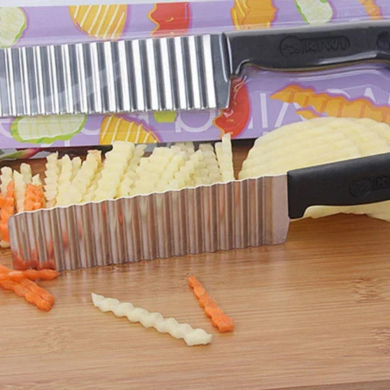 Ergonomic wavy edge vegetable slicer for creative cooking. Stainless steel potato chipper for garnishes & food prep.