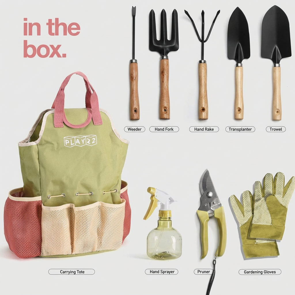 Complete gardening set of alloy steel hand tools for all your outdoor plant care needs: planting, weeding, pruning.