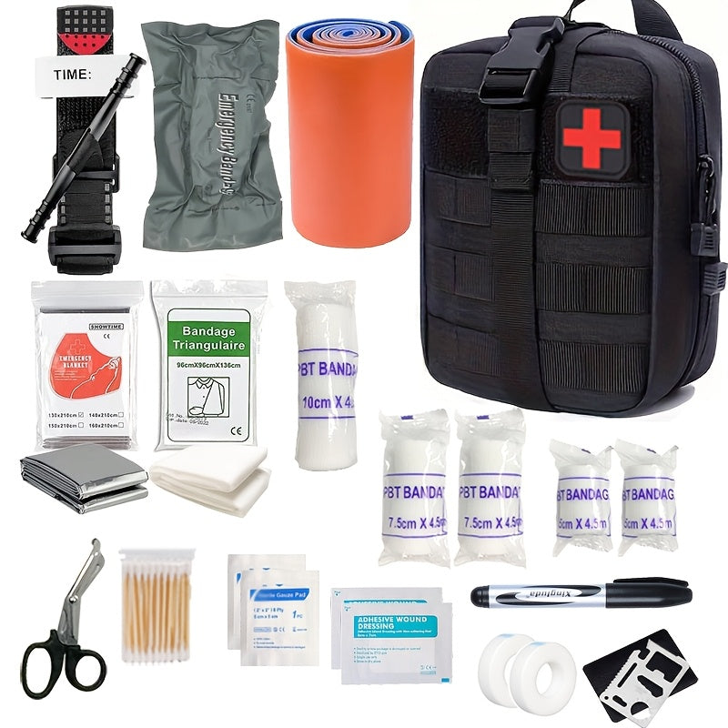 Essential first aid kit with tourniquet for emergency survival, medical supplies, outdoor preparedness.