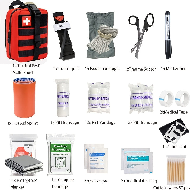 Rugged outdoor first aid kit with tourniquet, essential for hiking, camping, and emergency survival.