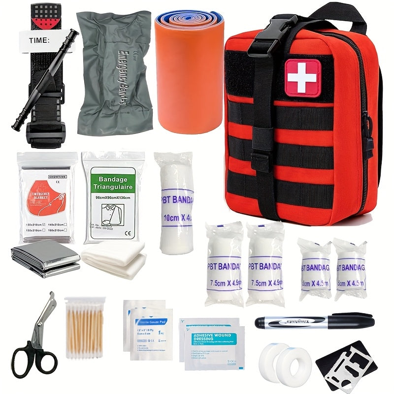 Comprehensive emergency medical kit featuring a tourniquet, ideal for outdoor enthusiasts & preparedness.