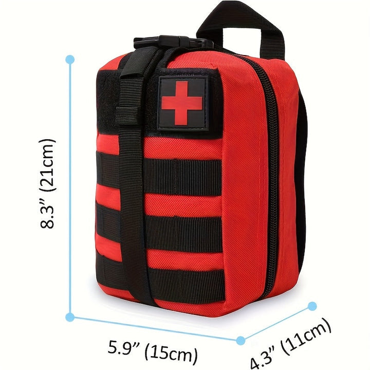 Essential survival first aid kit for emergencies, includes tourniquet & medical supplies for travel safety.