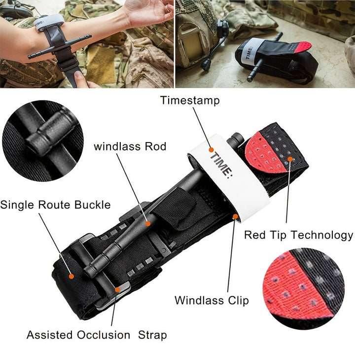 Reliable first aid kit with tourniquet, critical survival gear for camping, hiking & emergency preparedness.