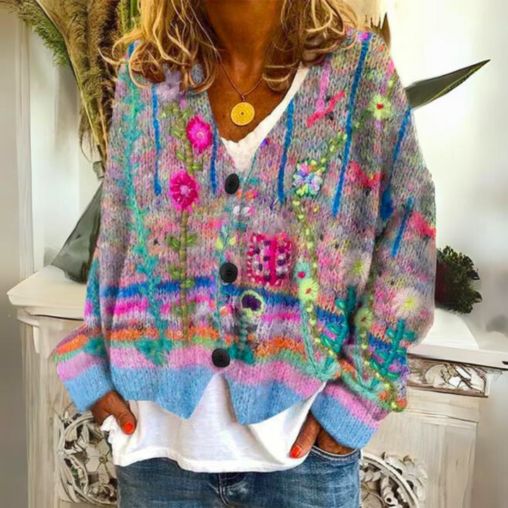Eva women's colorful vibrant sweater. Cozy long-sleeve pullover with a relaxed fit for stylish autumn/winter fashion.