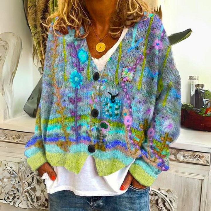 Unique Eva women's vibrant colorful sweater. Comfortable long-sleeve pullover, perfect for cozy casual autumn/winter style.