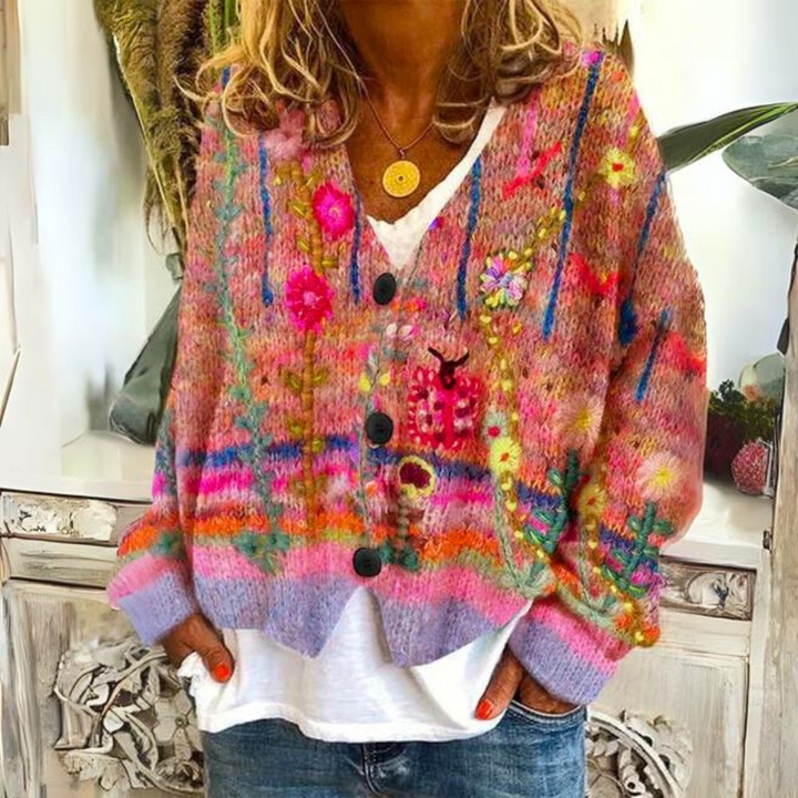 Stylish Eva women's colorful sweater. Cozy vibrant long-sleeve pullover with a relaxed fit, a perfect casual statement piece.