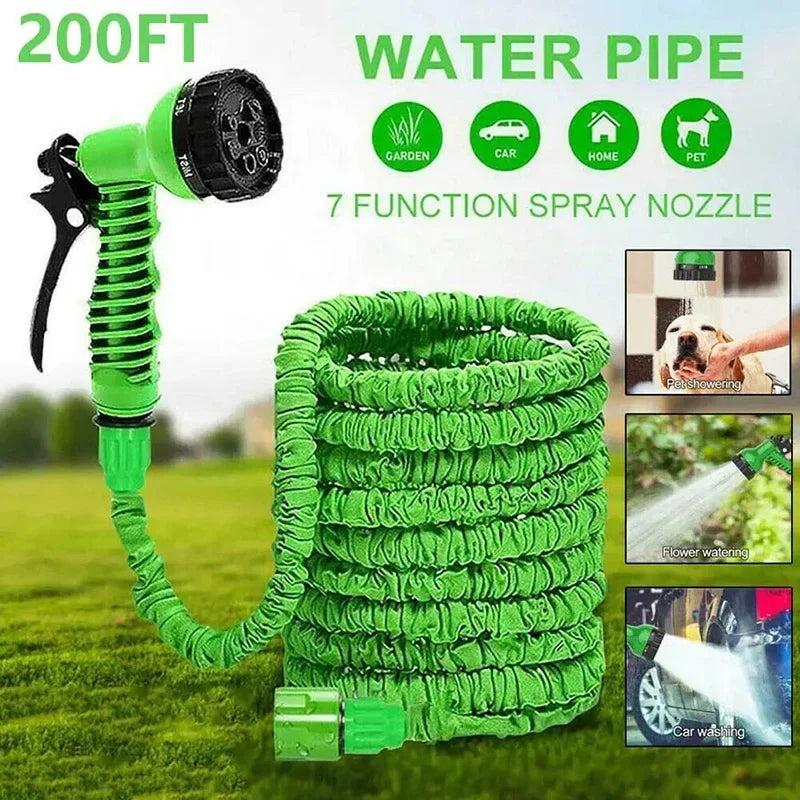 Expandable garden hose with 7-function spray nozzle for efficient watering, outdoor care, and cleaning.