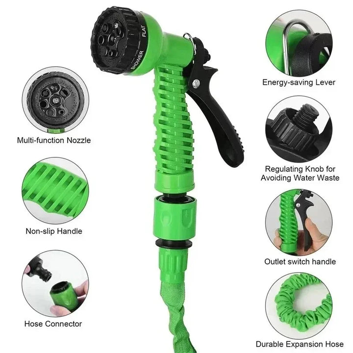 Secure connection of expandable garden hose to faucet, ensuring leak-free watering for home garden & outdoor care.