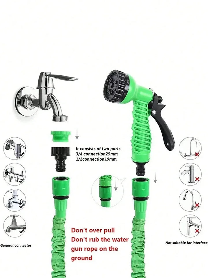 Close-up of durable fabric exterior of expandable garden hose, built for long-lasting garden & outdoor tasks.