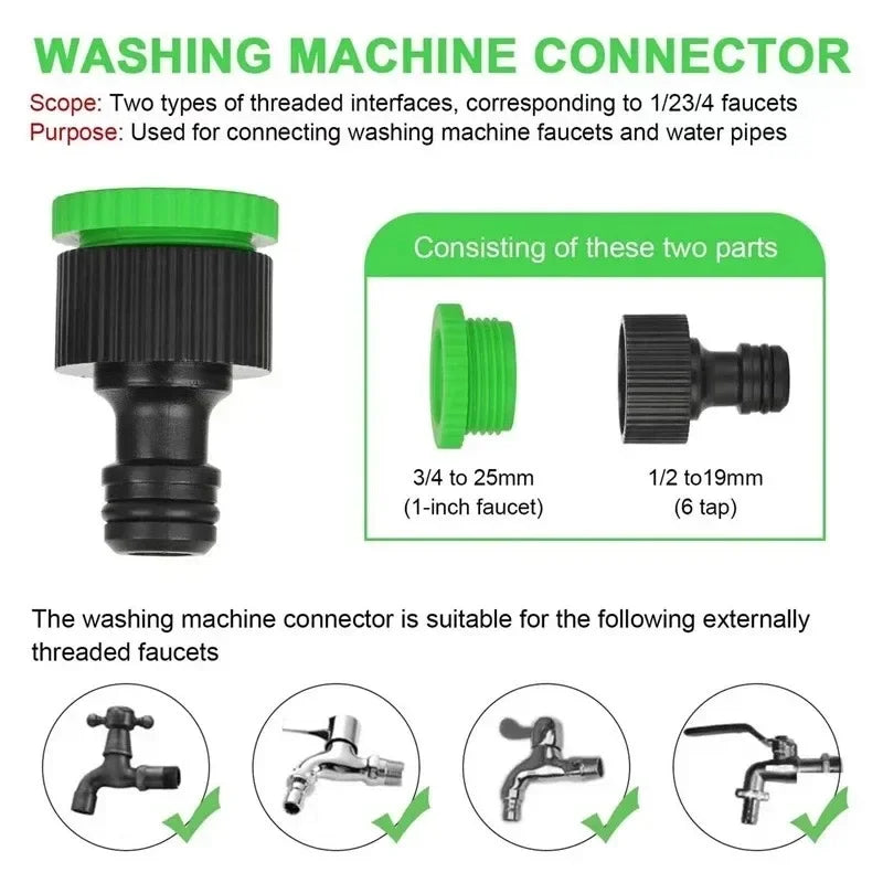 Fully extended expandable garden hose with spray nozzle, reaching all areas for comprehensive home garden watering.