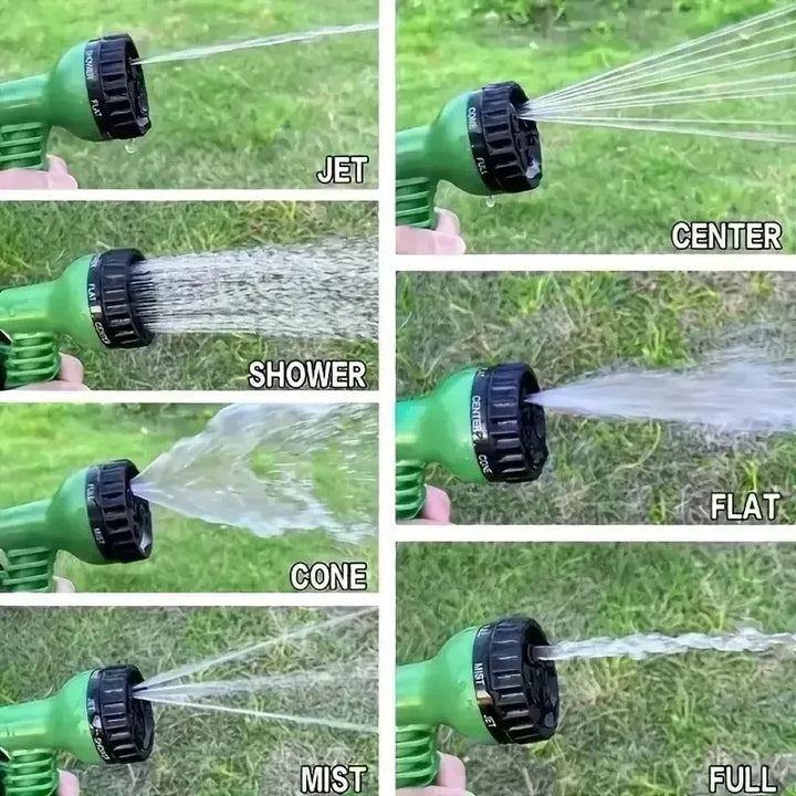 Expandable garden hose & 7-function spray nozzle, perfect for home garden, car wash, & outdoor care tasks.