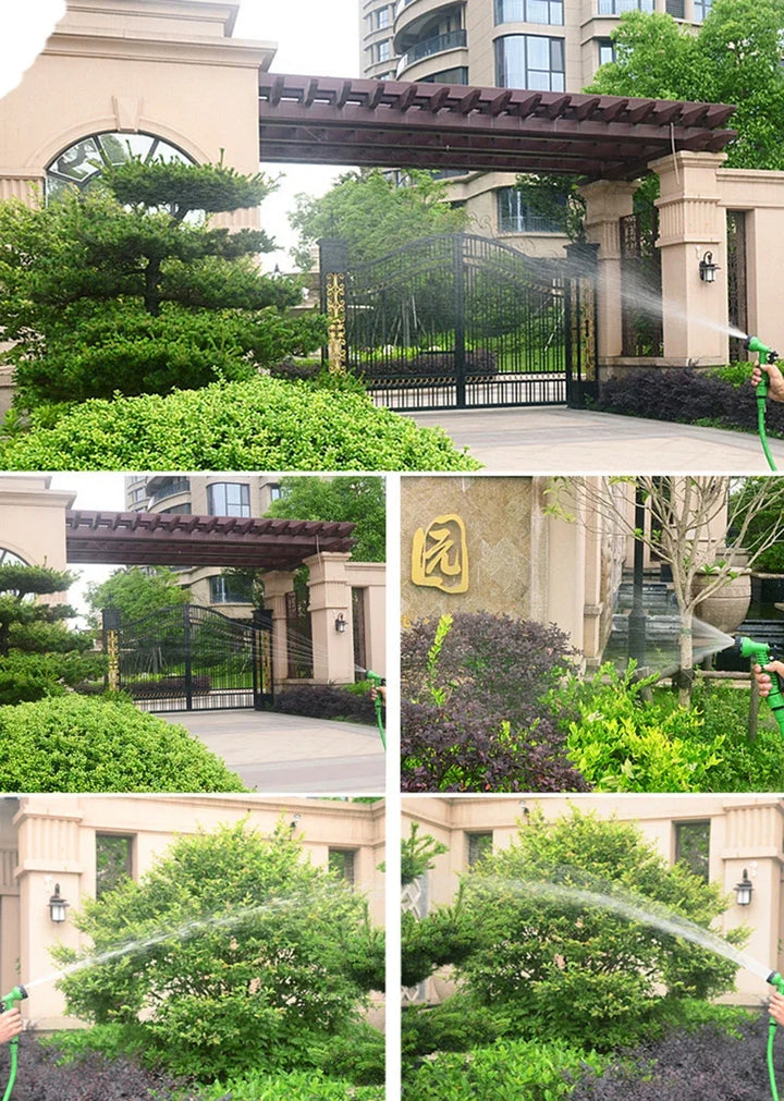 Compact vs. extended expandable garden hose, showing its space-saving and flexible design for any home garden.