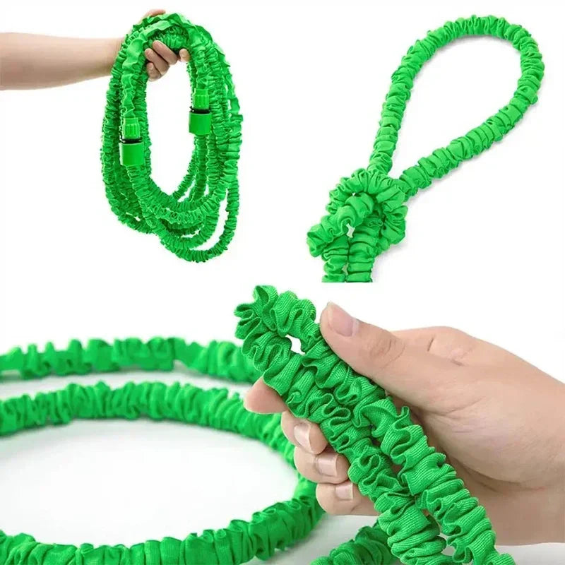 Close-up of 7-function spray nozzle attached to an expandable garden hose, versatile for garden & car wash.