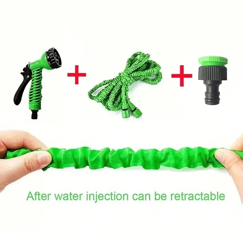 Person watering vibrant garden plants with an expandable hose & spray nozzle, making home garden care easy.