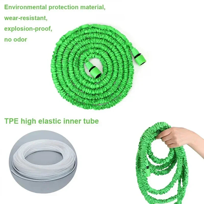 Expandable garden hose & spray gun used for car washing, providing powerful jets for effective cleaning.