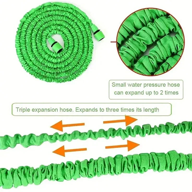 Using an expandable garden hose to clean a patio, demonstrating versatility for outdoor care & yard tools.