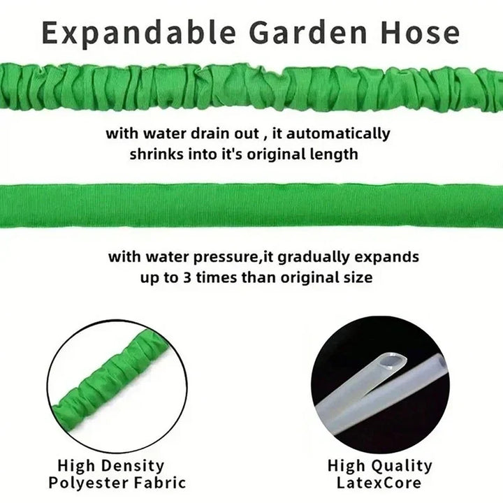 Compact, coiled expandable garden hose with nozzle, showing easy storage and space-saving design for home garden.