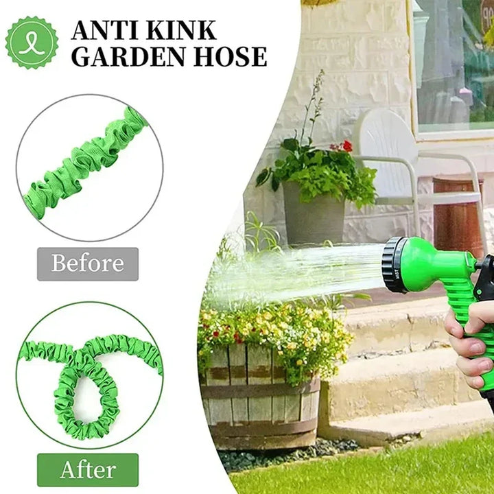 The 7-function spray nozzle of an expandable garden hose, illustrating diverse patterns for watering & cleaning.