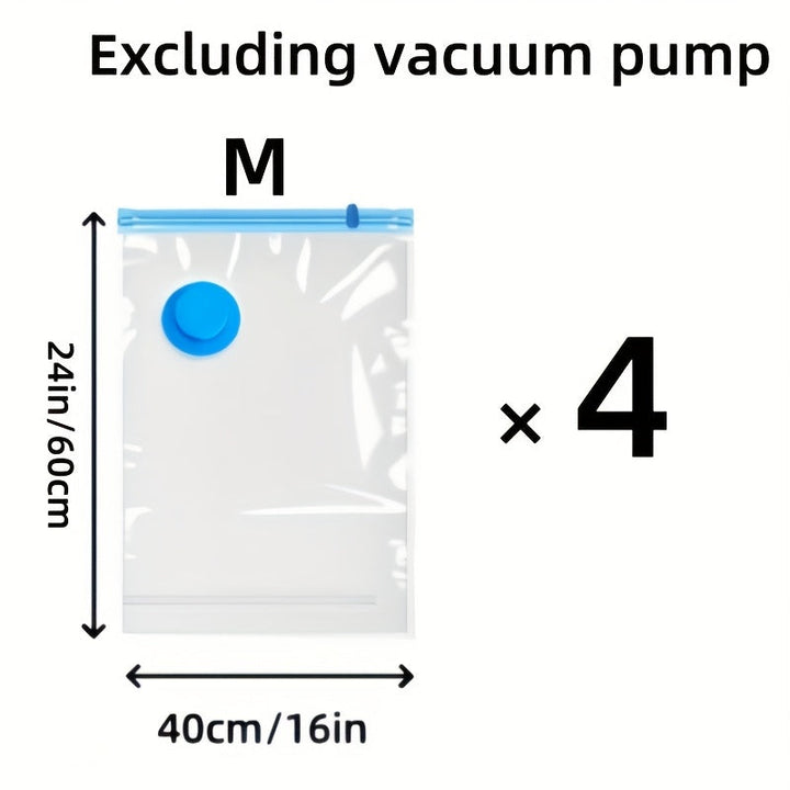Vacuum storage bags shown compressing clothes and bulky bedding, ideal for travel and storage.