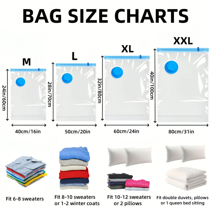 Clear extra large vacuum storage bags showcasing neatly organized blankets and pillows.