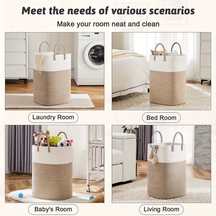 Practical extra large woven cotton storage basket for laundry, blankets, or home organization.
