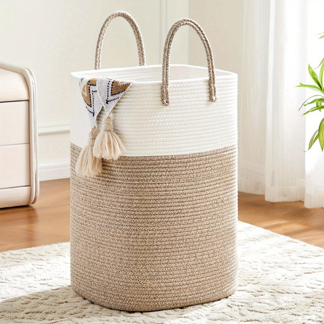 Extra large woven laundry basket with braided handles, perfect for clothes hamper & stylish home organization.