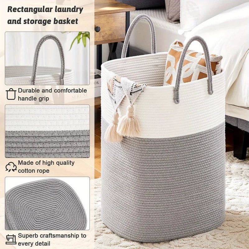 Durable extra large woven rope basket with strong braided handles. Perfect clothes hamper & versatile storage solution.