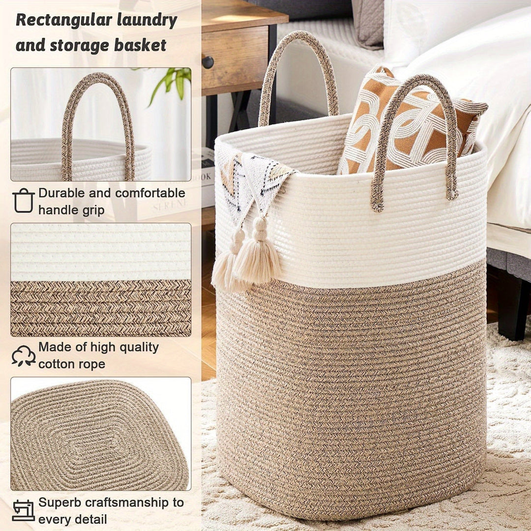 Stylish two-tone rope basket, extra large for laundry, toys, or blankets. Durable woven storage with braided handles.
