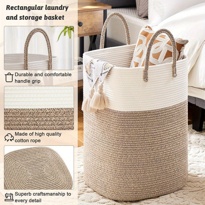 Stylish two-tone rope basket, extra large for laundry, toys, or blankets. Durable woven storage with braided handles.