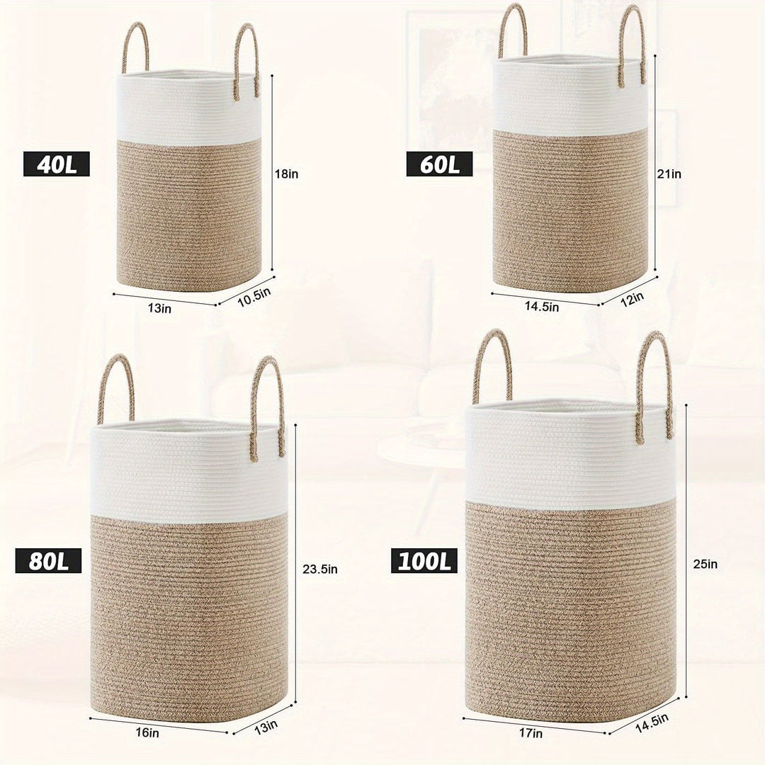 Decorative extra large woven storage basket, ideal as a clothes hamper or blanket holder, featuring sturdy braided handles.