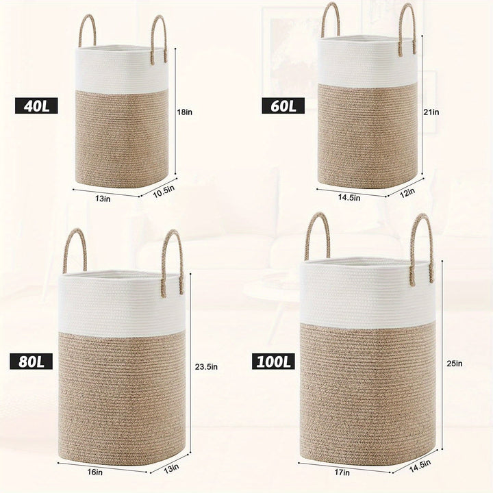 Decorative extra large woven storage basket, ideal as a clothes hamper or blanket holder, featuring sturdy braided handles.