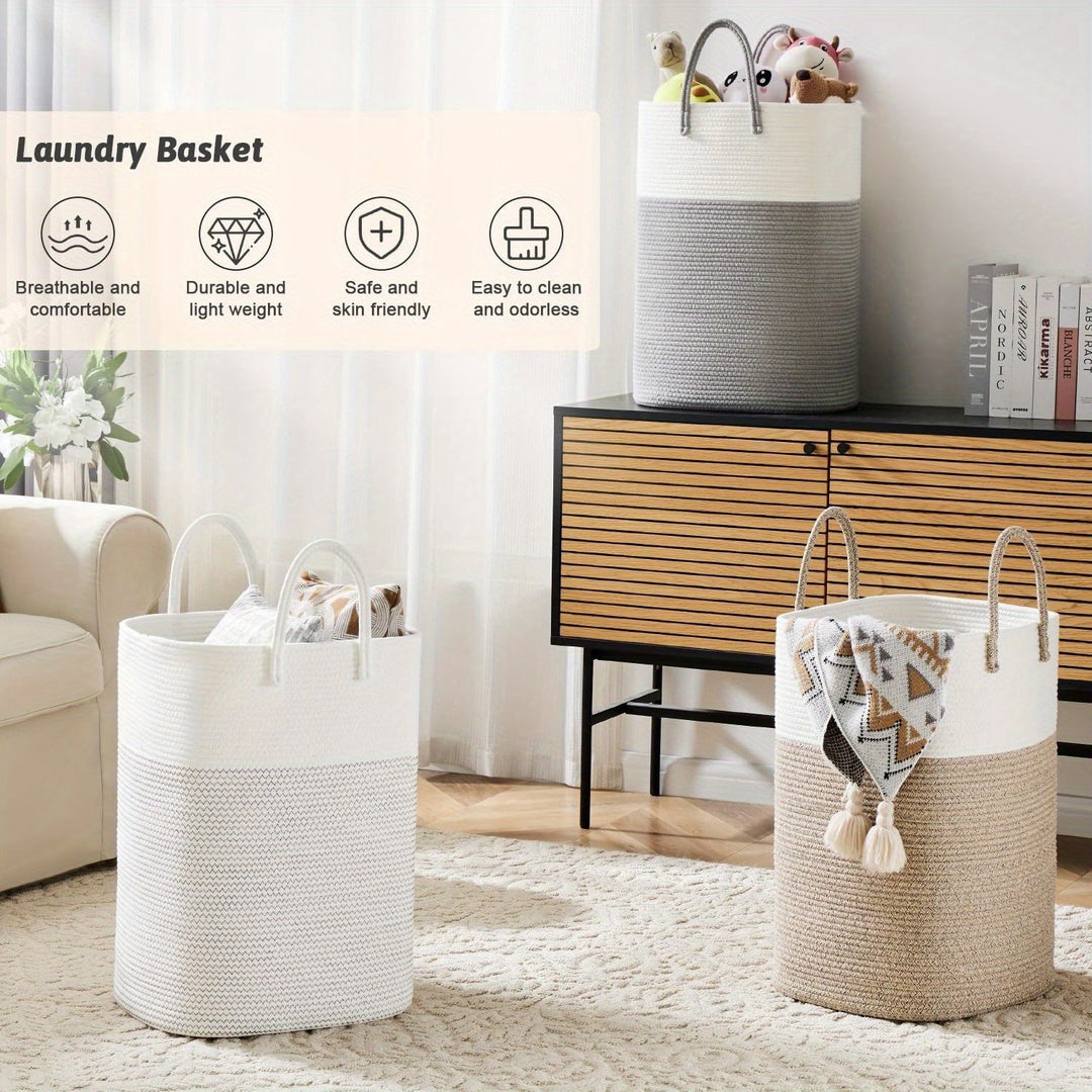 Versatile extra large woven rope basket for laundry, toy storage, or home decor. Durable with braided handles.