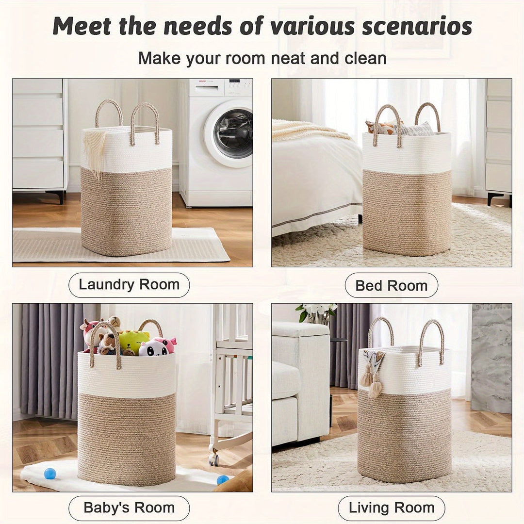 Stylish extra large woven laundry basket, two-tone design, with strong braided handles for easy carry & home organization.