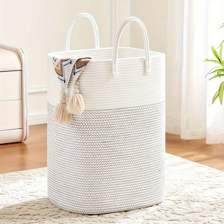 Large two-tone woven laundry hamper, also great for toy & blanket storage. Features sturdy, decorative braided handles.