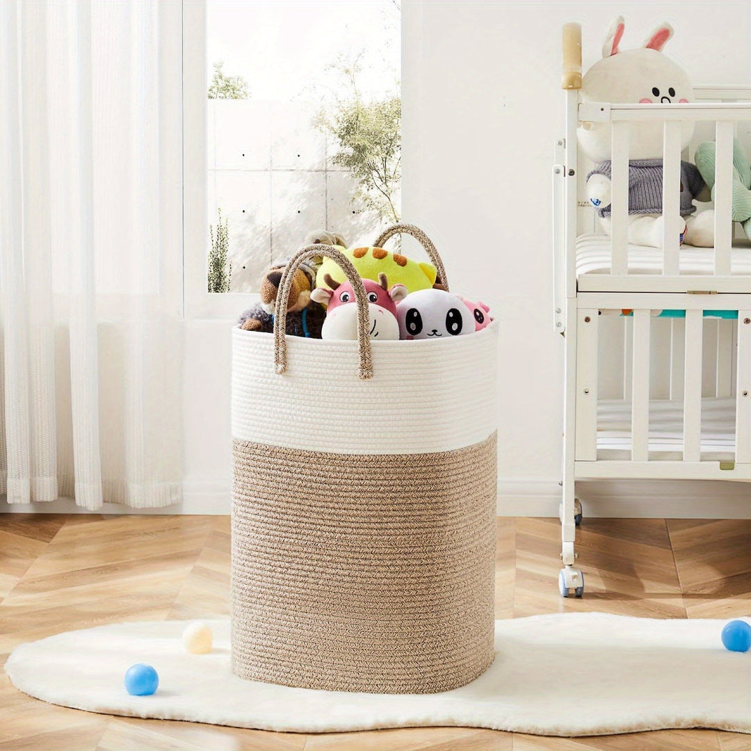 Stylish & practical extra large woven storage basket for laundry or home organization. Two-tone design with braided handles.